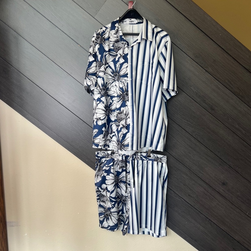 Vatpave Men Floral Stripe Matching Set XL Blue Button Up Shorts Set Streetwear